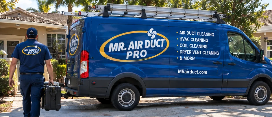 Mr Air Duct Pro technician beside a blue service van — Nashua, New Hampshire air duct cleaning service page